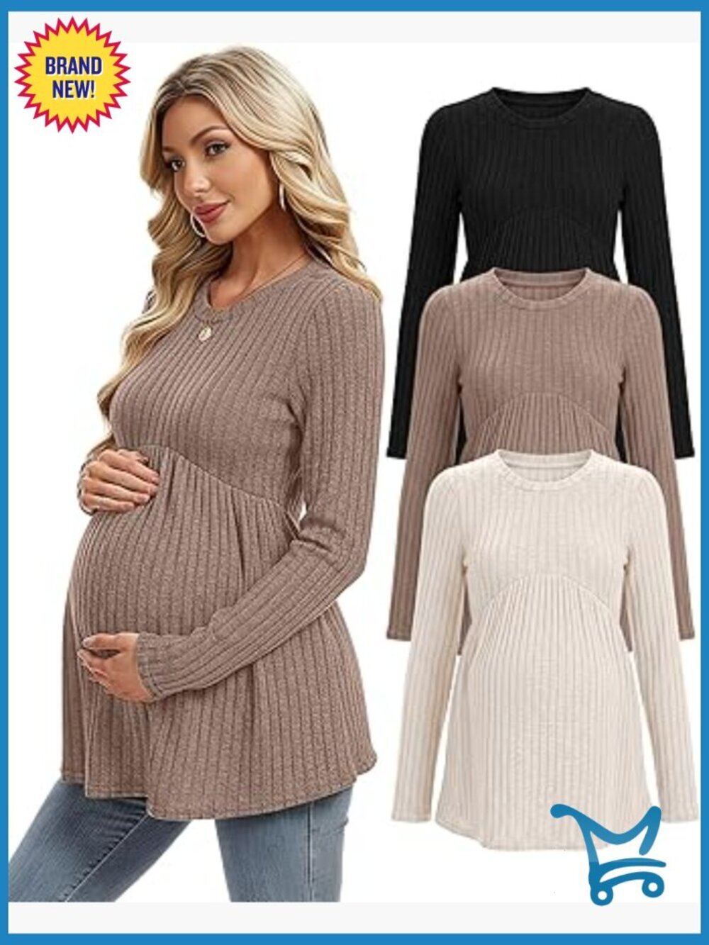 Maternity Long Sleeve Crew Neck Ribbed Tops 3 Pack